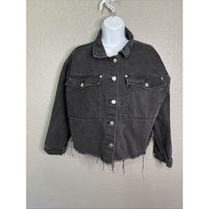 Zara Black Denim Jacket SZ S Raw Edge Grunge Goth Crop Cowgirl Retro Punk